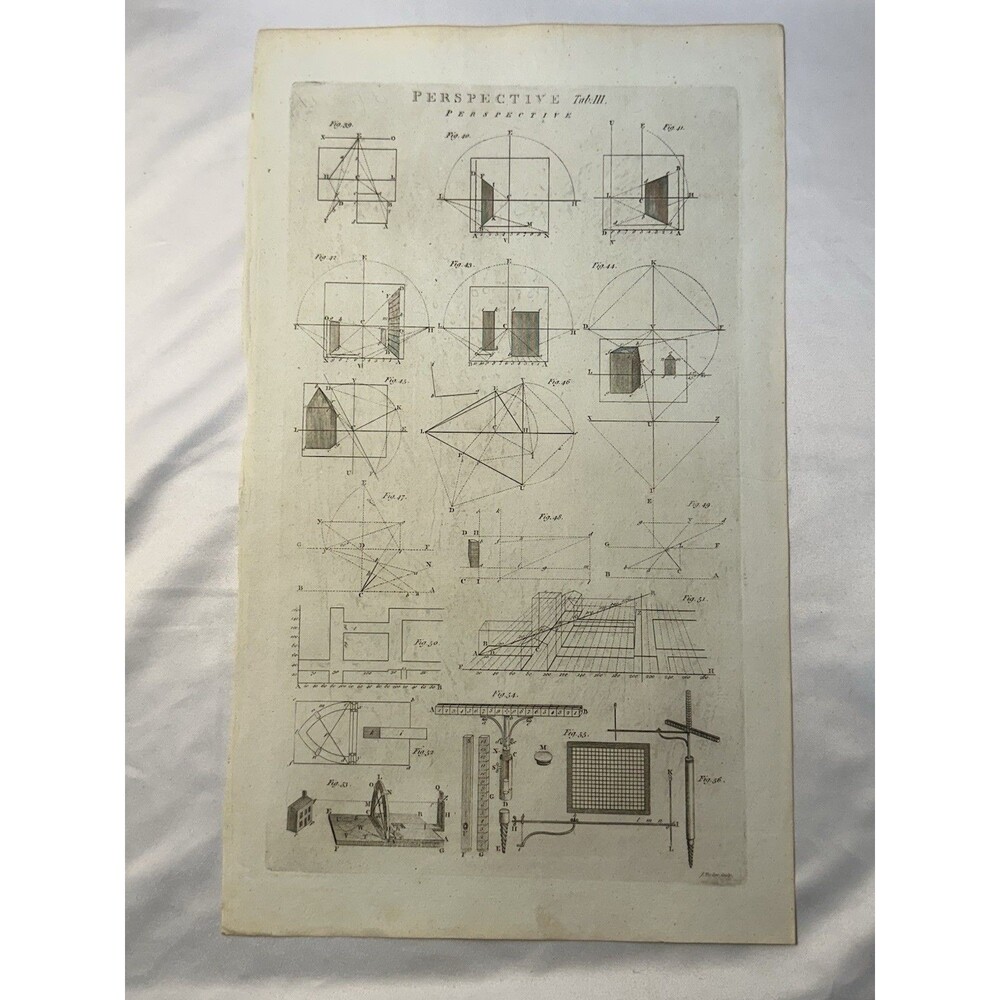 1810s Antique Perspective Copper Engraving Rare  Geometry Drafting Instruments